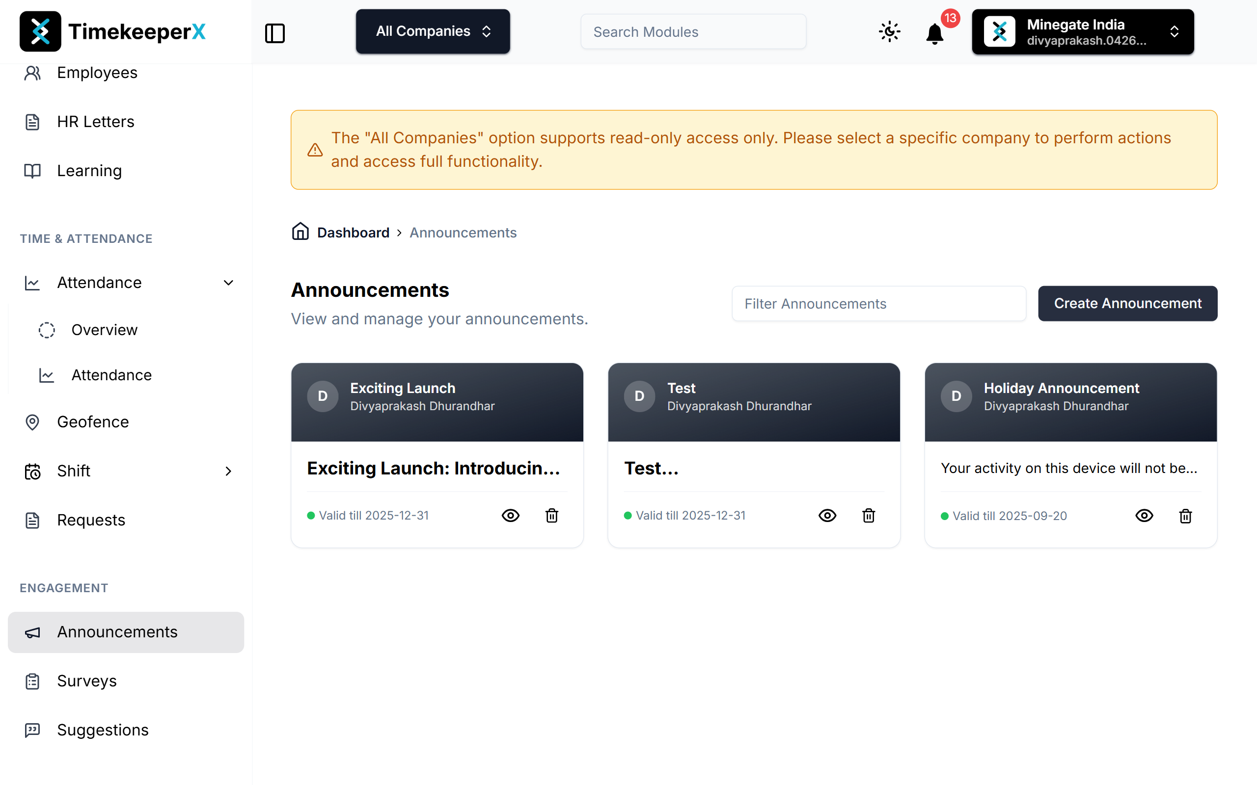 TimekeeperX Engagement Module - Announcements