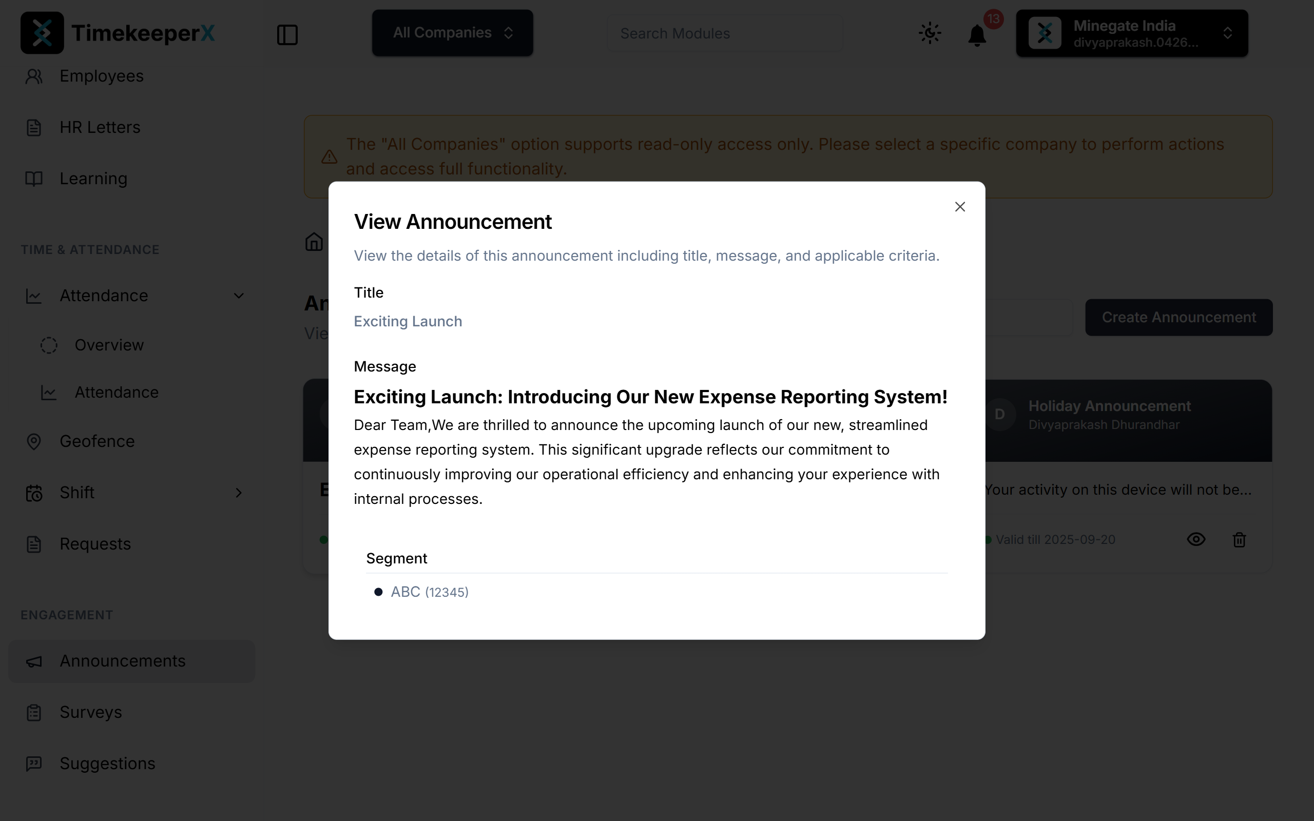Announcement Detailed View