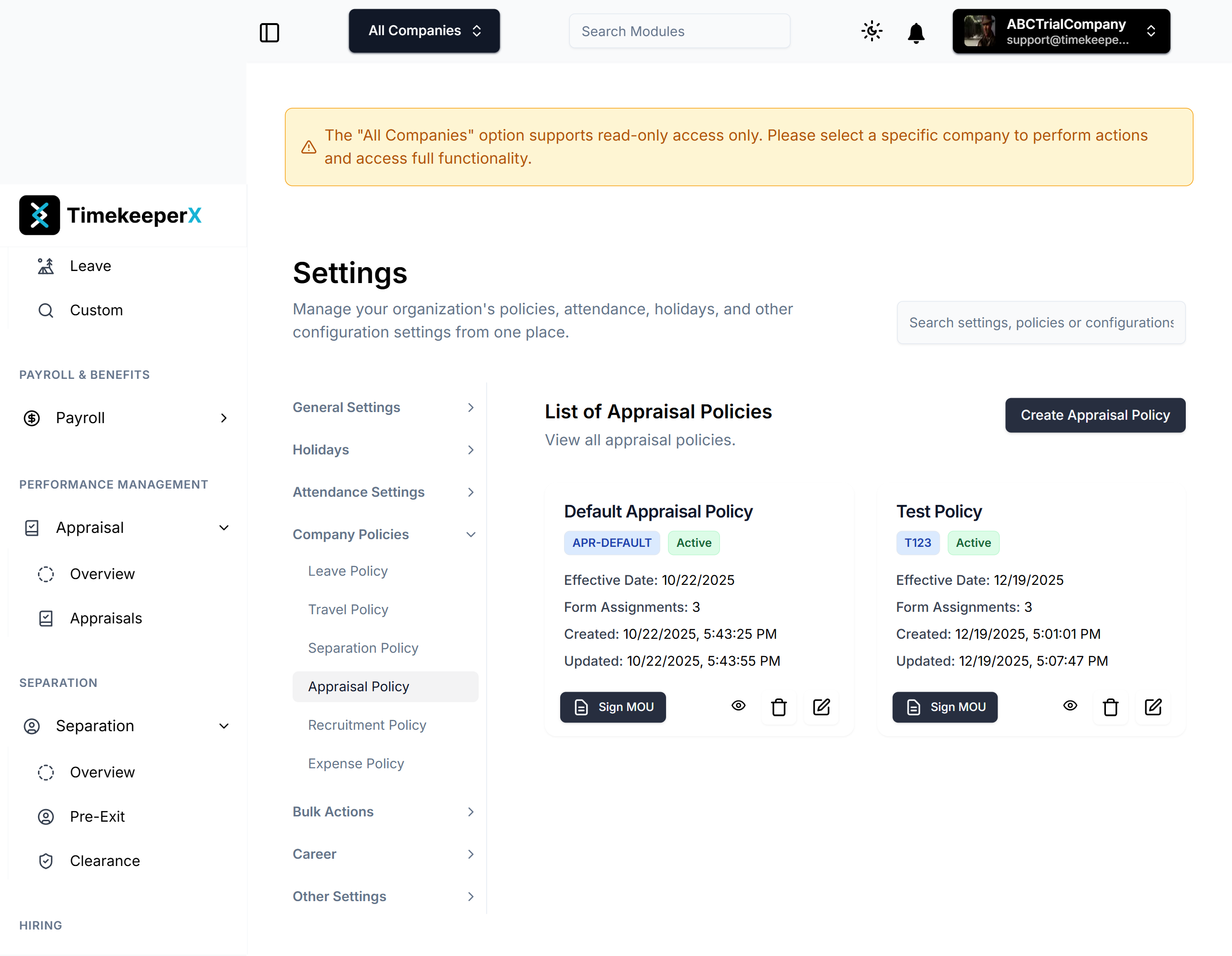 Appraisal Policy Configuration