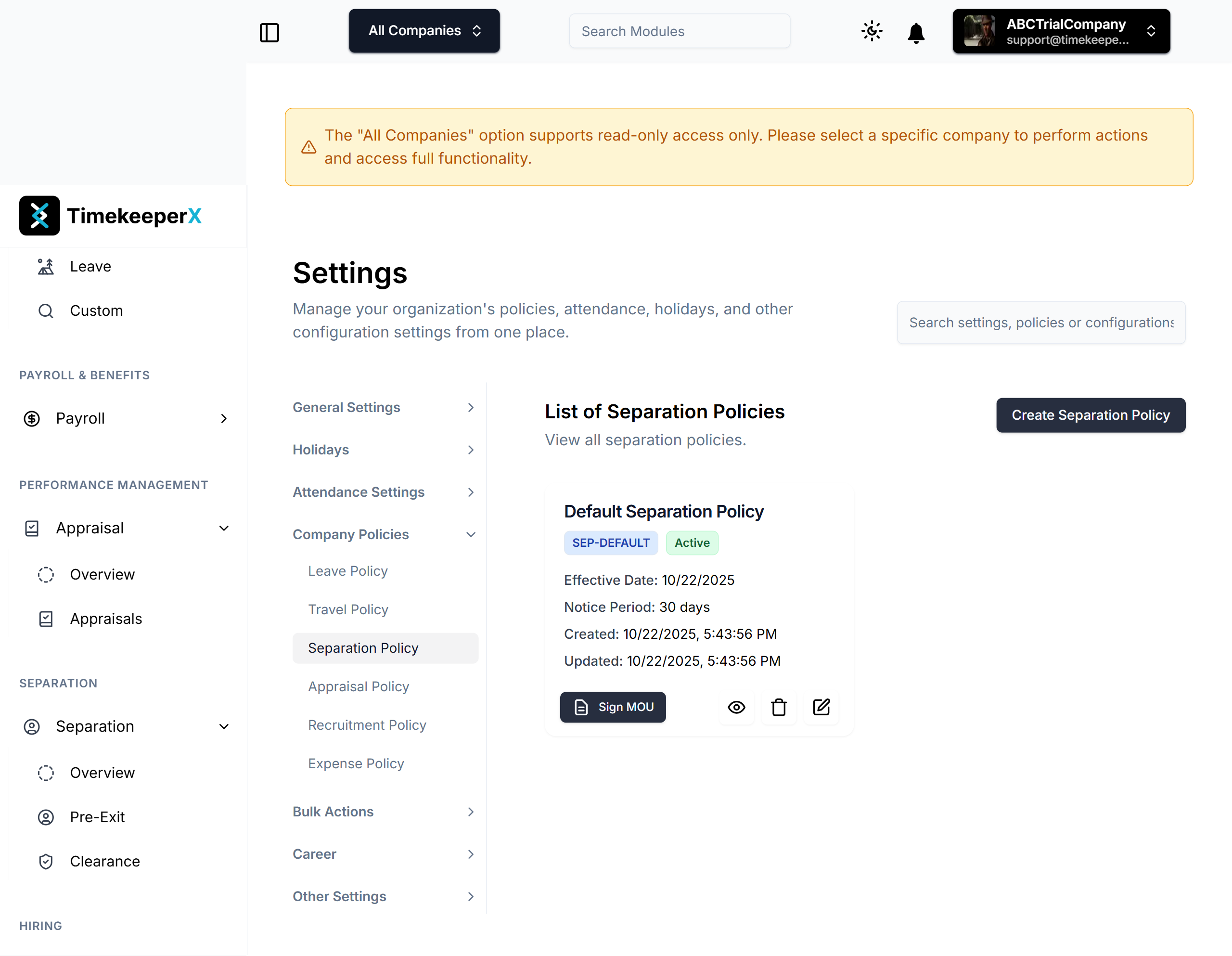 Separation Policy Configuration