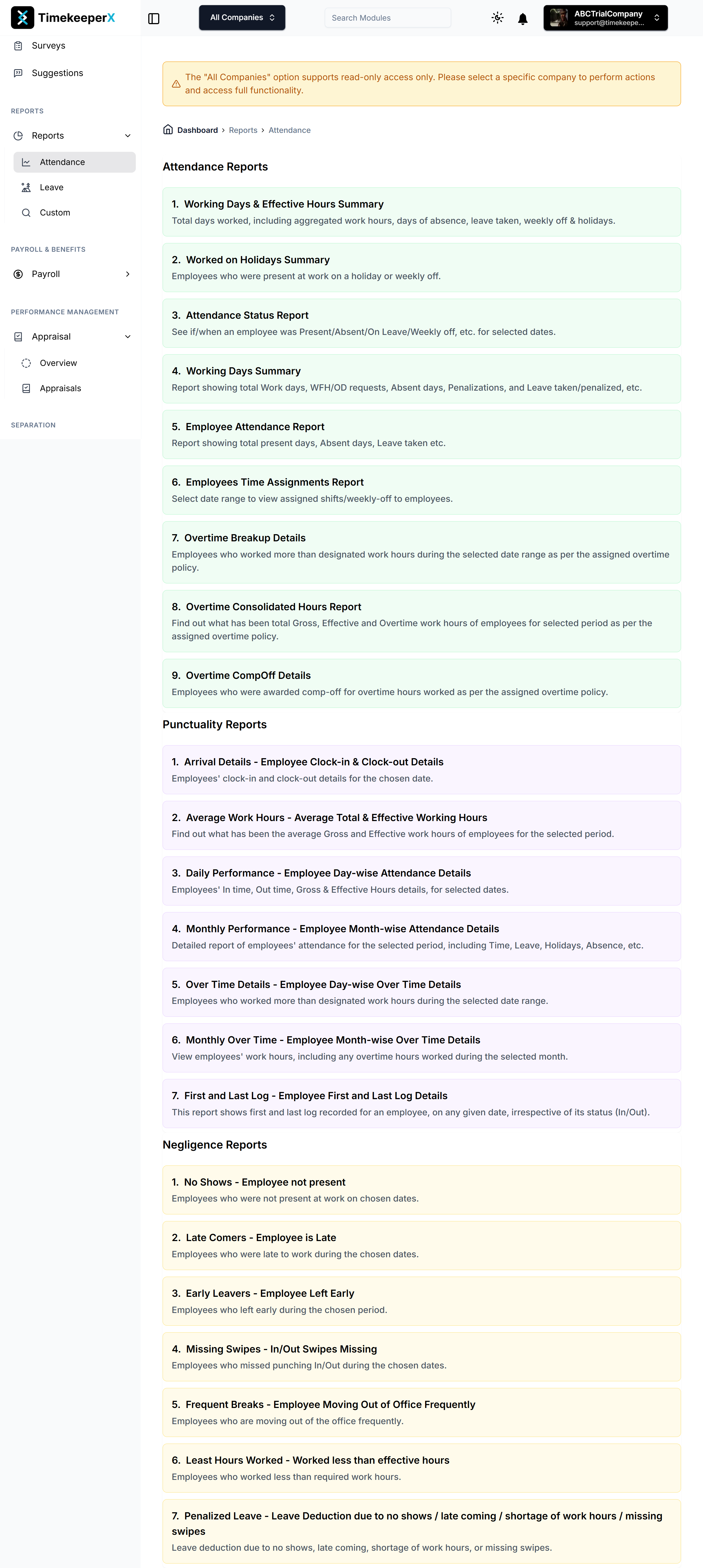 TimekeeperX Reports Overview - Attendance