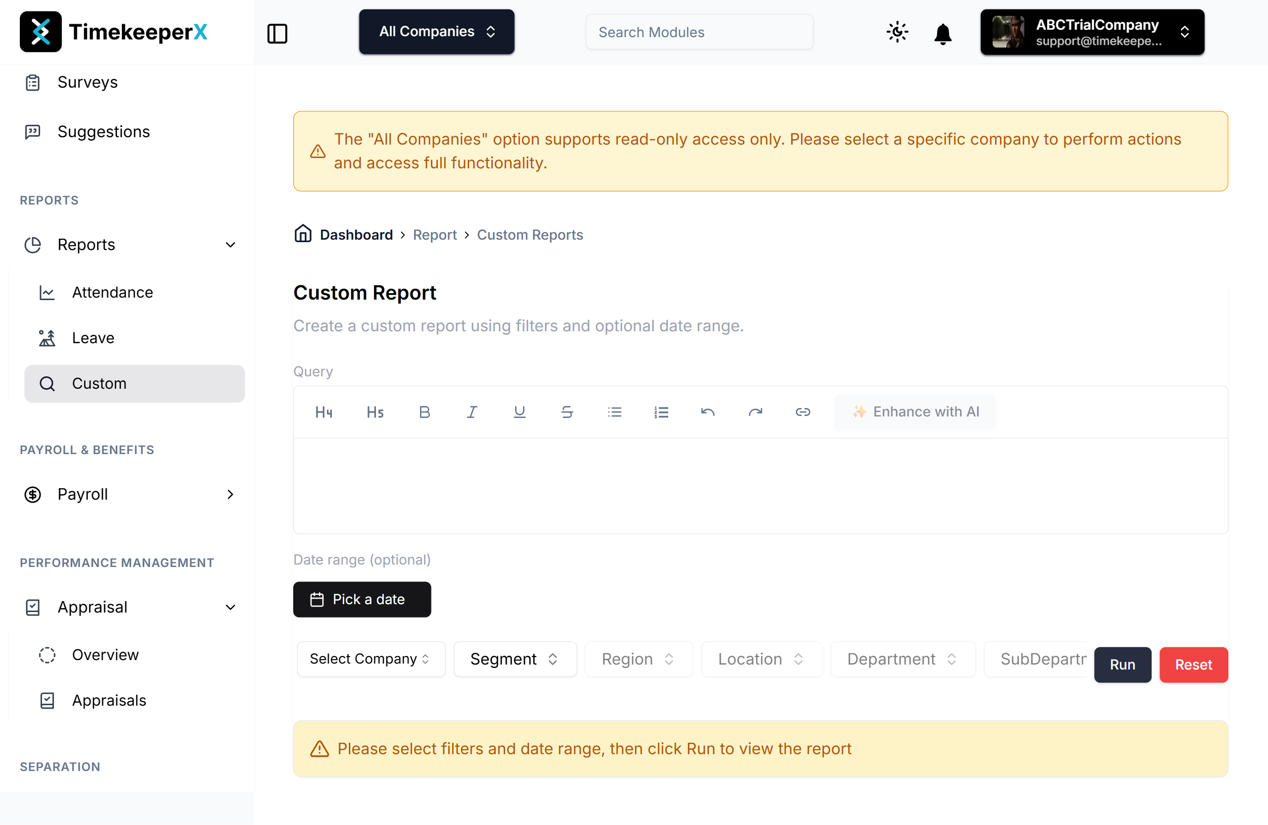 TimekeeperX Custom Reports AI Query