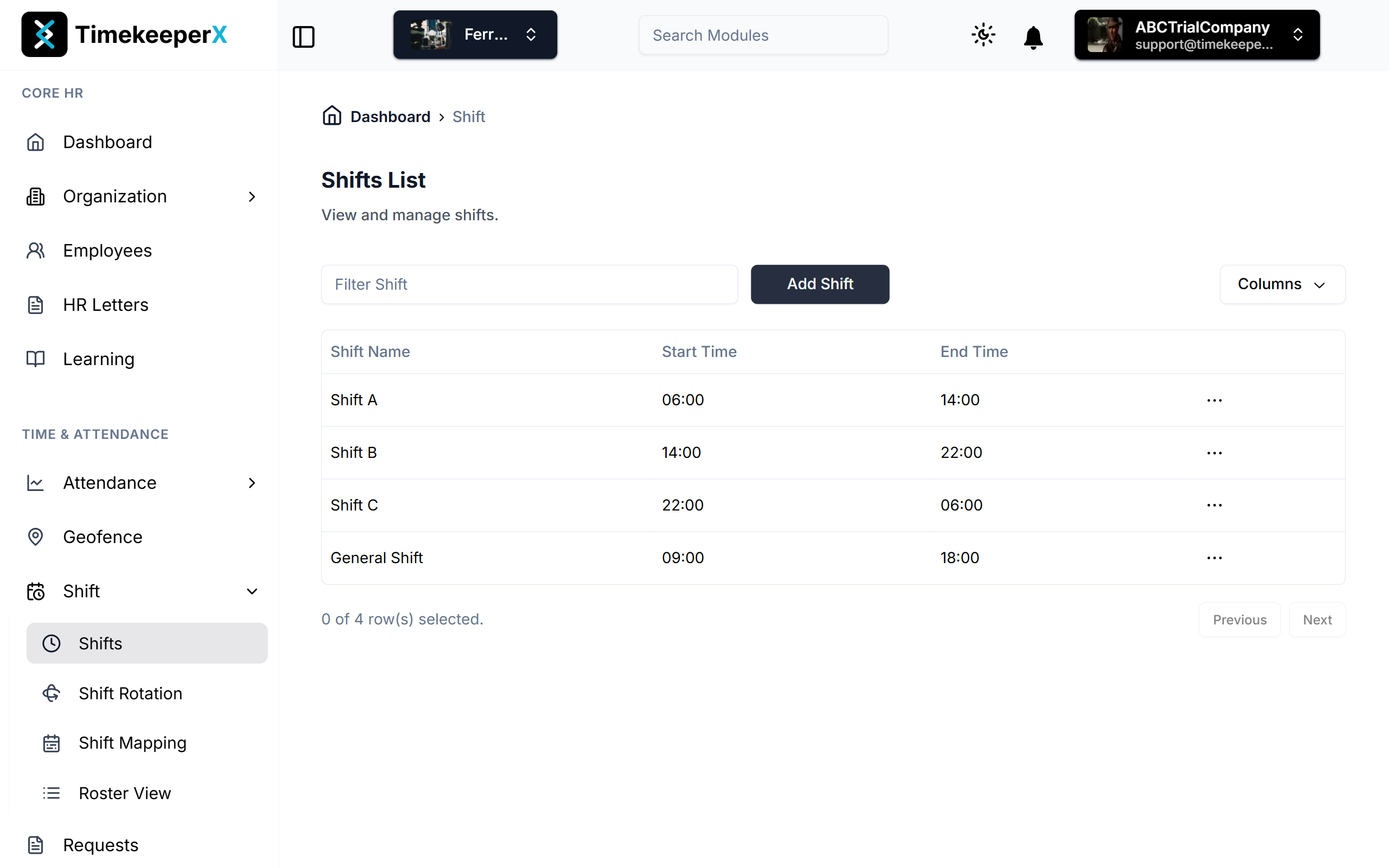 TimekeeperX Shift List