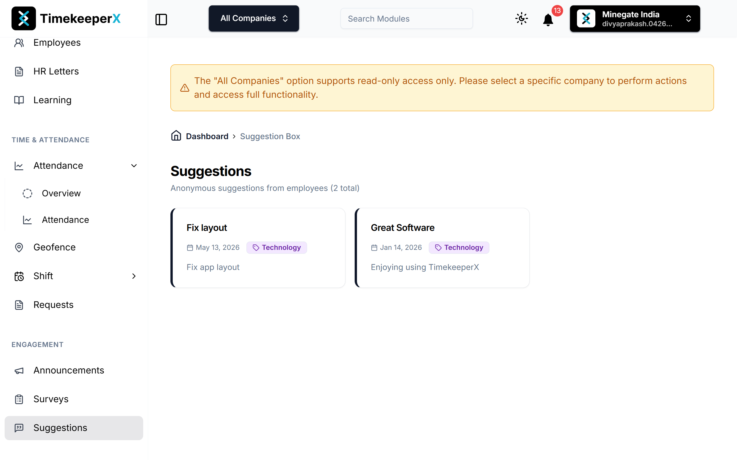 Suggestions List Dashboard
