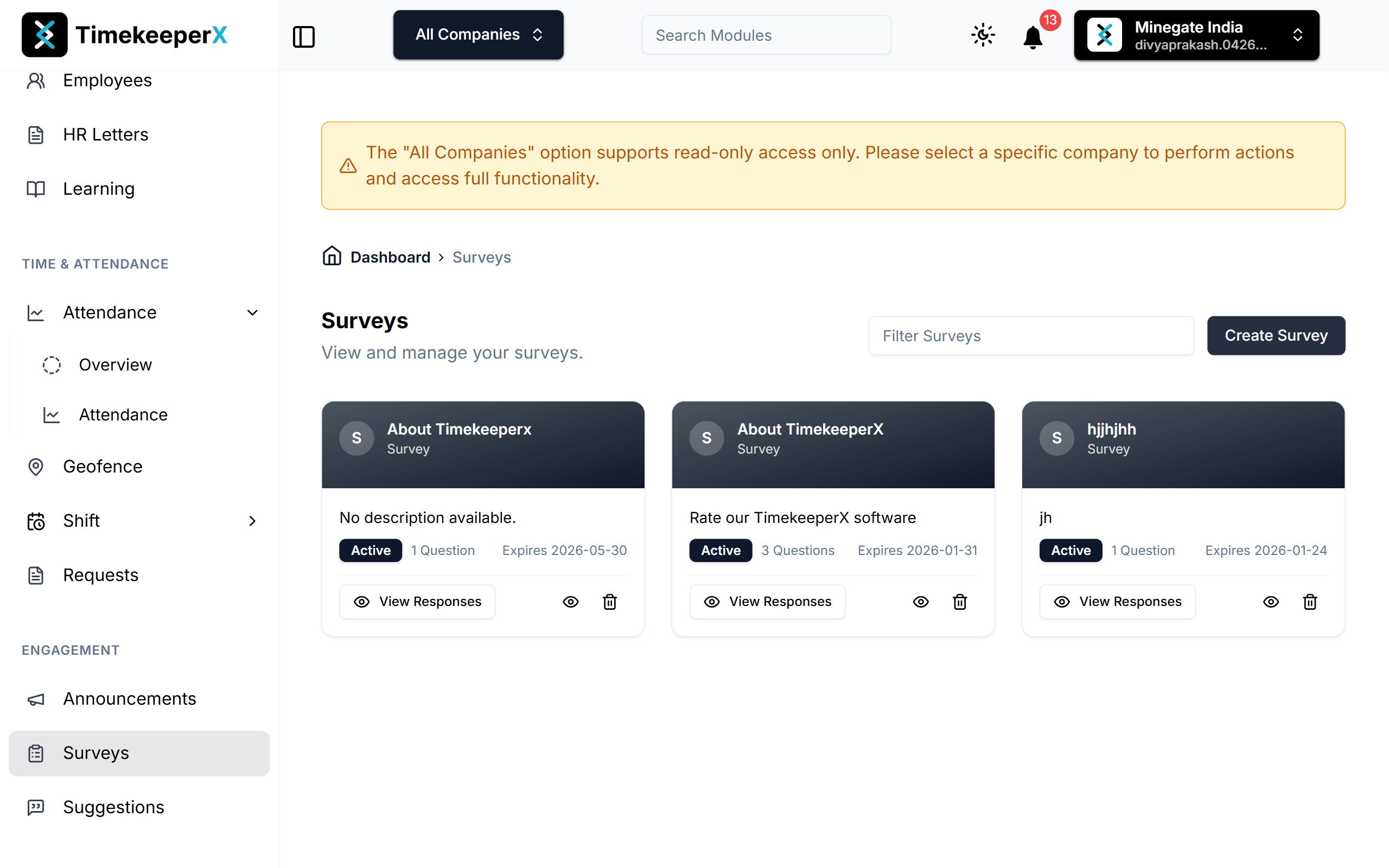 Surveys List Dashboard